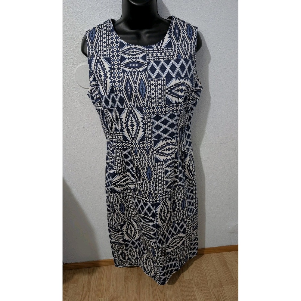 Grey‎ Wolf Blue White Geometric Aztec Print Sleeveless Sheath Dress Medium
